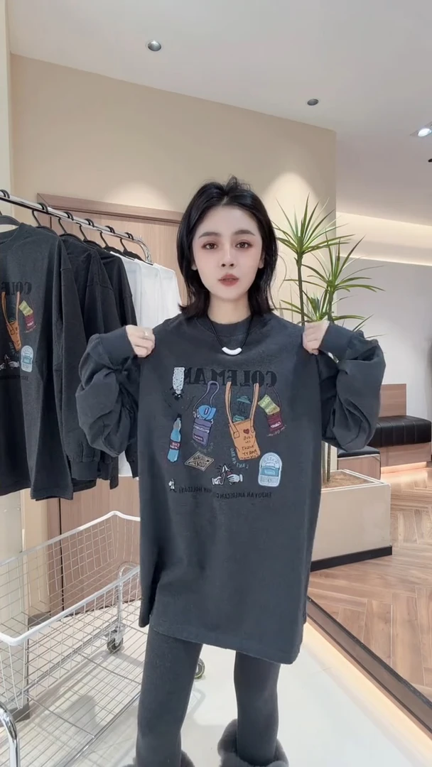 趣味印花大版T恤女欧货2025冬装新款宽松长袖宽松减龄休闲ins上衣