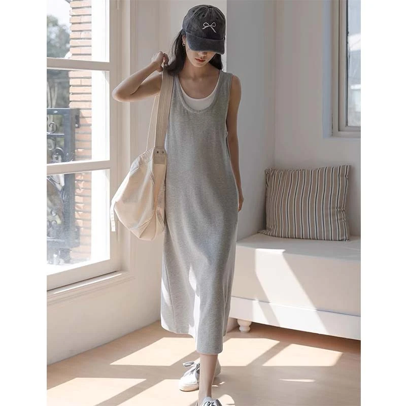 阿球【休闲一夏 韩系吊带裙】长裙假两件夏大裙摆休闲百搭微胖女装