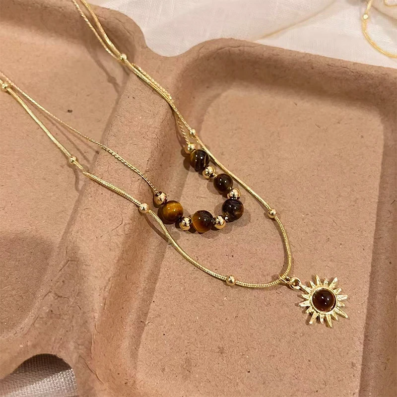 铜合金项链 秋冬复古美拉德虎眼石太阳花毛衣链轻奢高级配饰7459