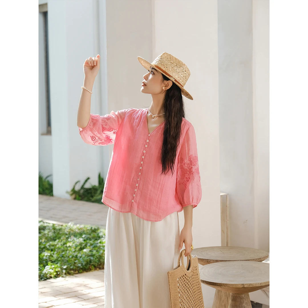 麻霖女装夏季新品100%苎麻加捻宽皱水溶刺绣休闲清凉开衫上衣