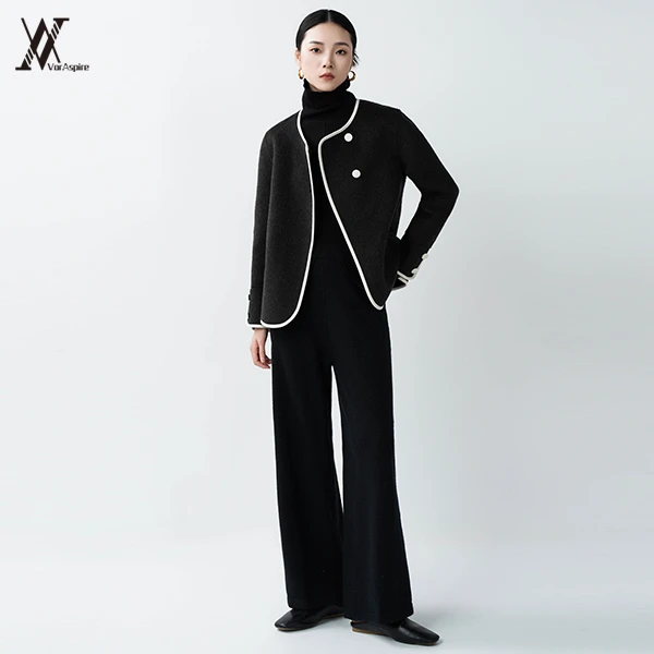 VORASPIRE｜D200黑2025羊毛衫短款外套100%绵羊毛