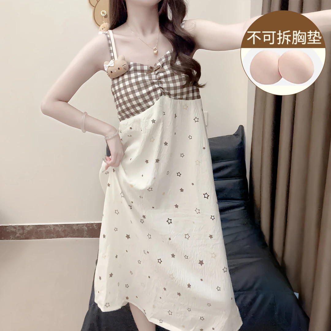 带胸垫睡衣女夏季天云朵棉KT猫2025新款性感吊带连衣睡裙家居服