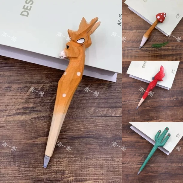 木雕笔手工雕刻斑马中性笔可爱卡通实木签字笔创意动物学习文具