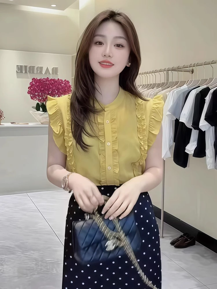 夏季新款时尚复古木耳边短袖衬衫女小个子洋气别致超好看小衫上衣