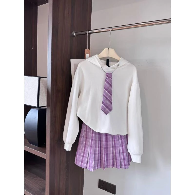 学院风减龄运动休闲连帽卫衣+百褶裙套装H9307