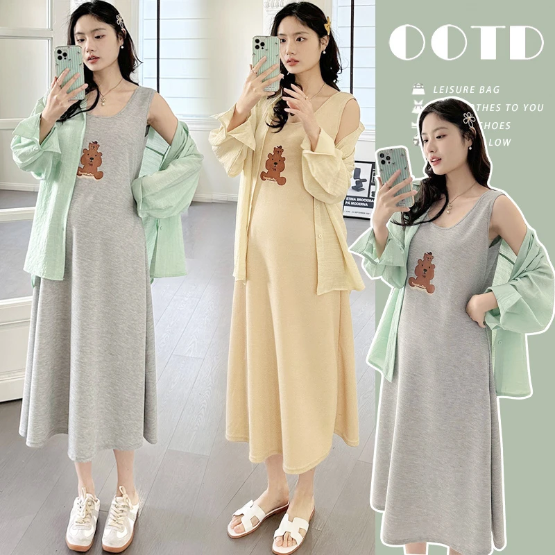 孕妇装春季2025新款时尚春夏休闲宽松长袖衬衫夏季内搭背心连衣裙