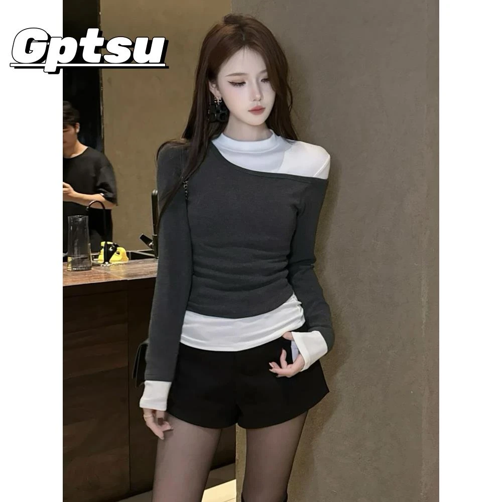 GPTSu独特超好看假两件长袖T恤女2025款秋冬修身显瘦打底内搭上衣