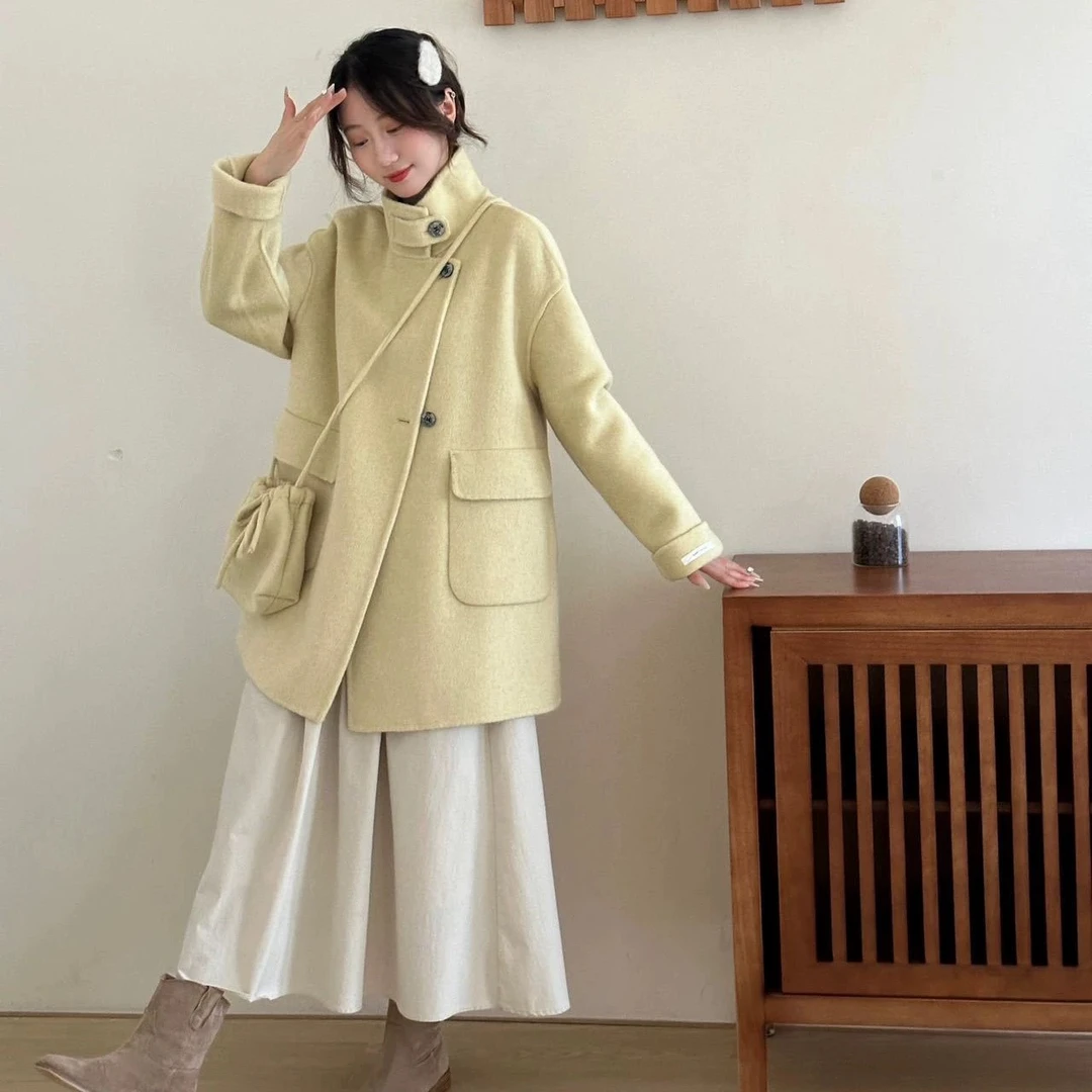 2025新款学院风立领双面羊毛毛呢大衣女挎包单排扣纯色多巴胺风格