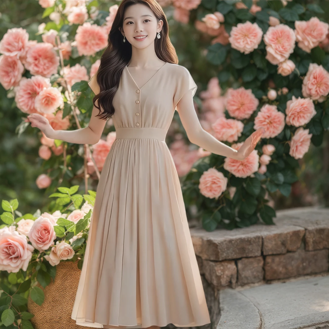 领纯色雪纺连衣裙女2025新款夏季收腰气质高级感轻熟风中长裙子