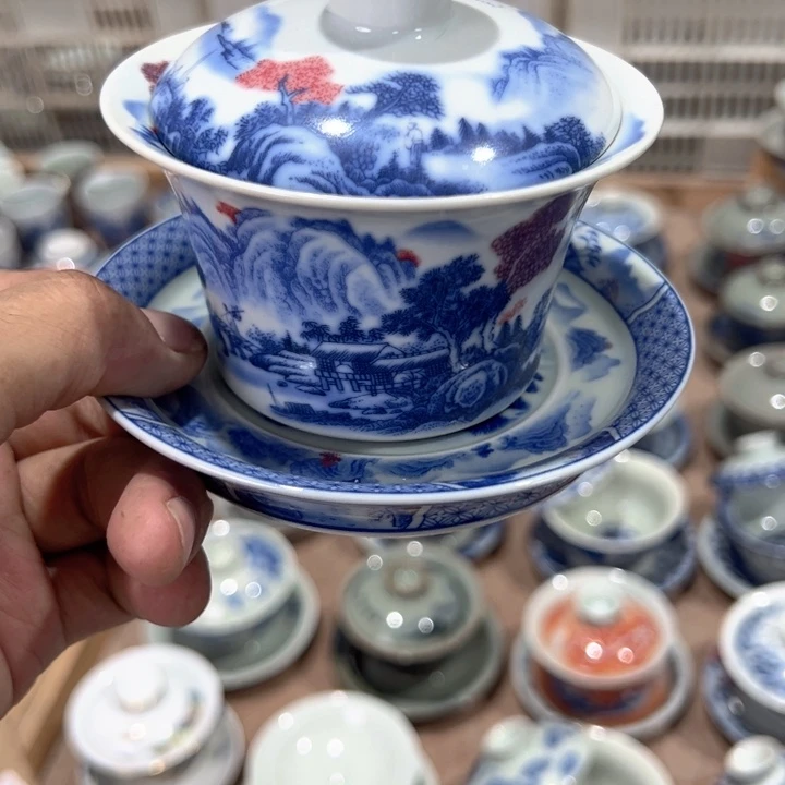 瓷片白青花富春山居图马蹄盖碗微瑕