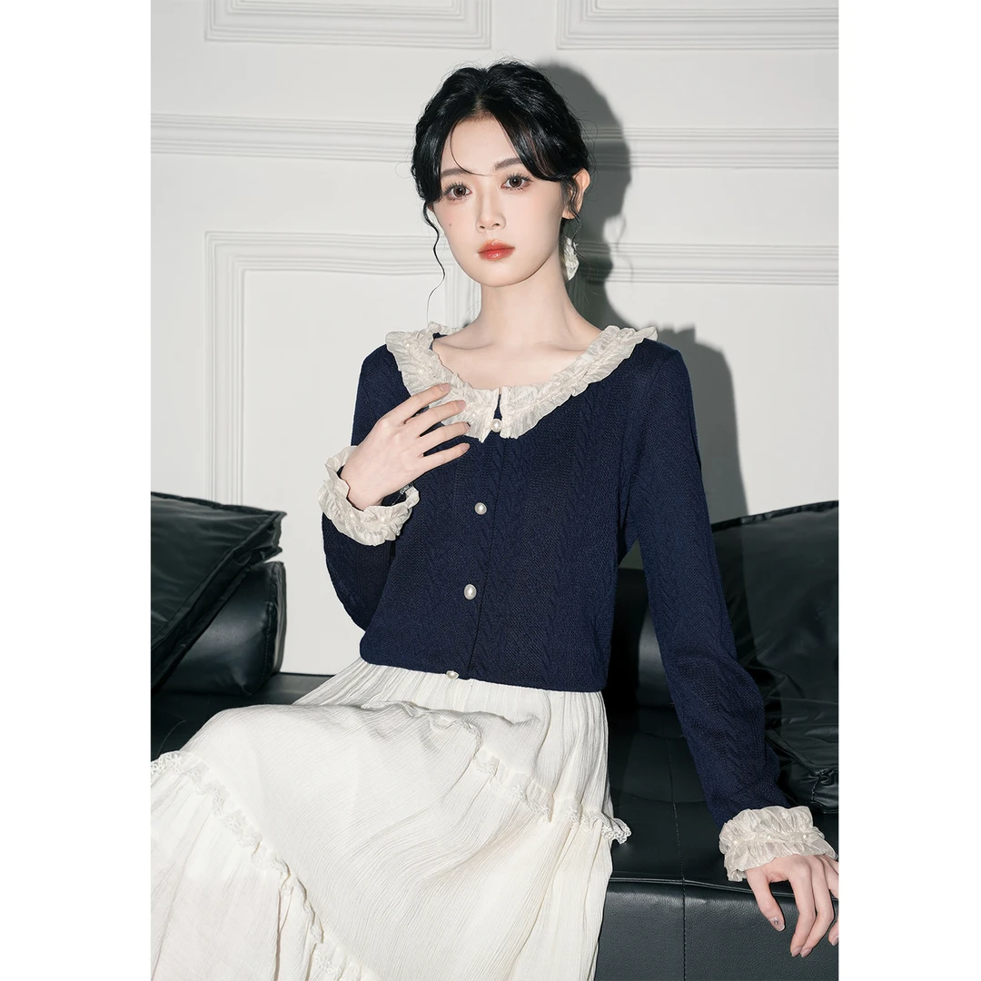 法式蕾丝花边针织开衫女秋季2025春秋新款复古长袖打底衫单穿上衣