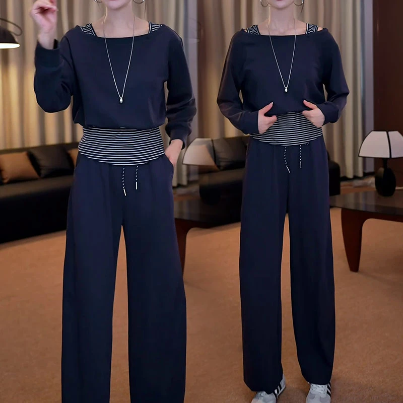 时尚休闲套装2025秋季新款洋气显瘦设计感假两件上衣直筒裤两件套