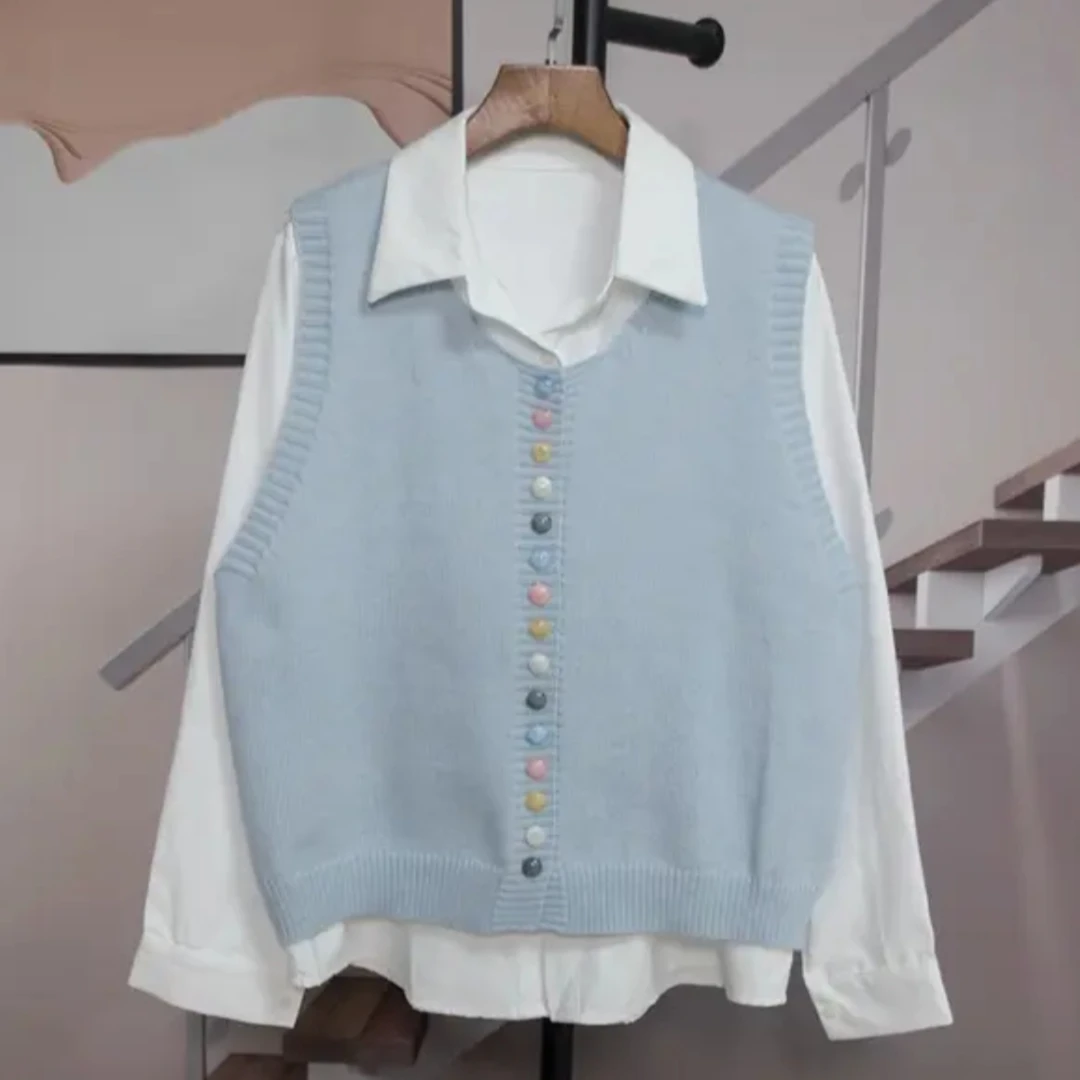 针织彩扣开衫马甲衬衣真两件套