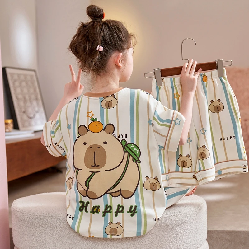 儿童睡衣夏季薄款女孩纯棉短袖卡通舒适三件套中大童家居服21182