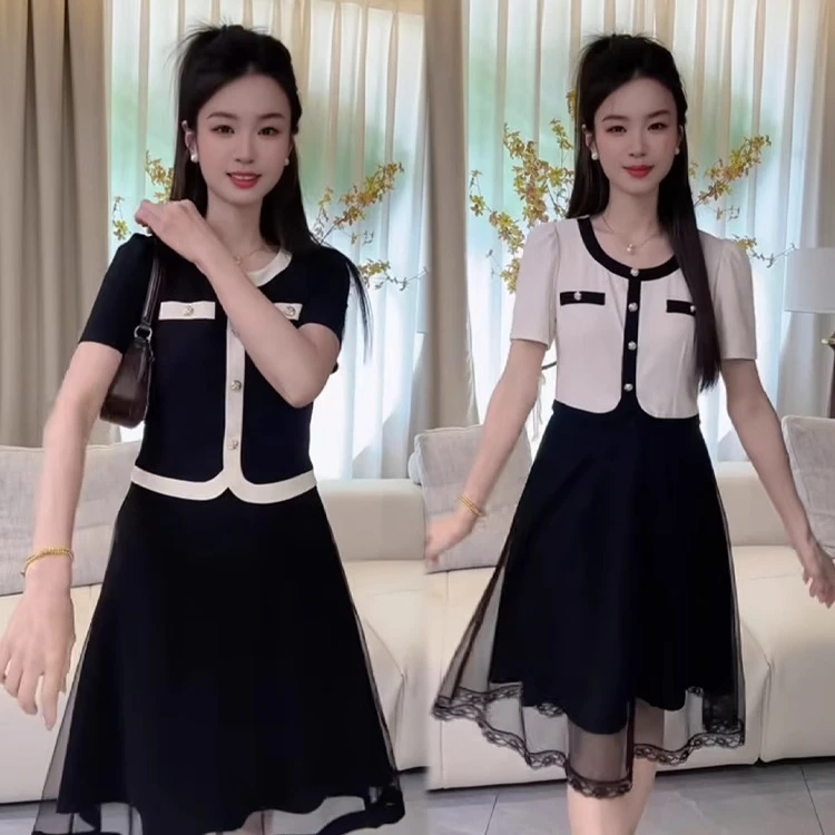 小香风连衣裙女2025夏季新款气质拼接网纱短袖收腰显瘦中长款裙子