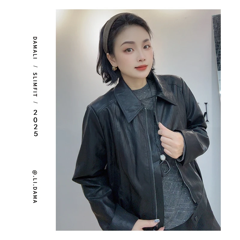 大码利-秋上新【拉链翻领皮衣夹克】欧韩小众设计款皮衣外套女秋