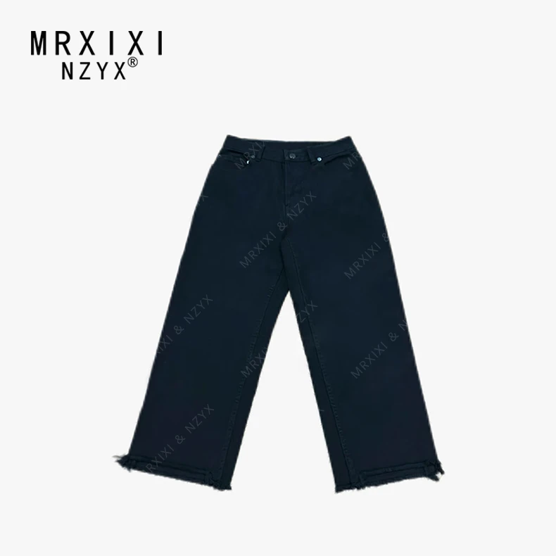 2025秋冬新款小众设计极简休闲卷边毛须边裤脚直筒牛仔吊腿裤女