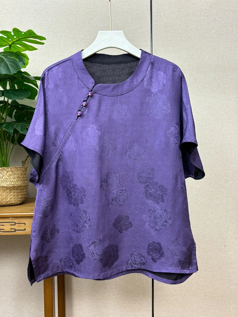 【丹韵】夏季重磅提花复古盘扣小衫上衣女148