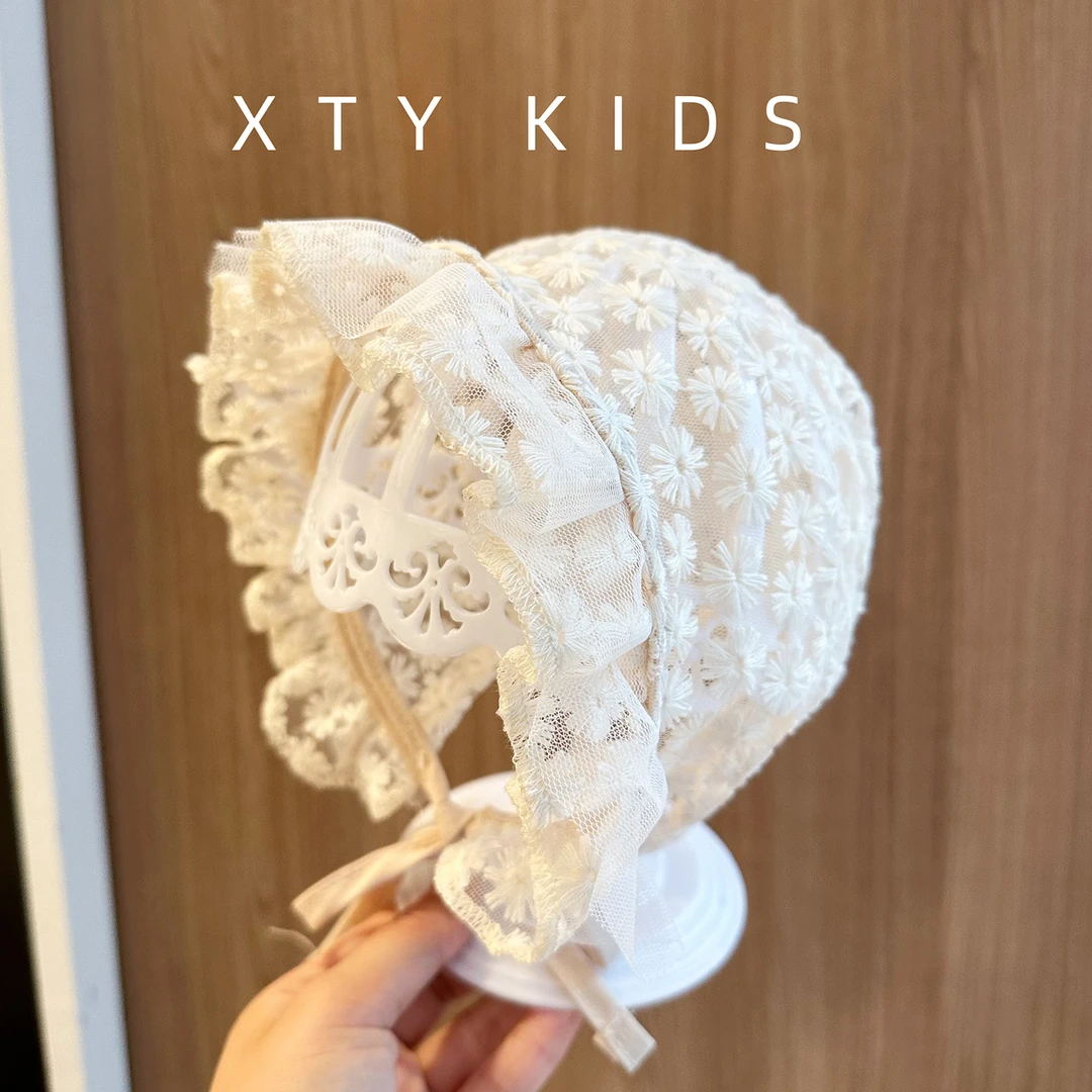韩版婴儿帽子夏季网纱蕾丝透气花边公主遮阳帽可爱女宝宝宫廷帽潮