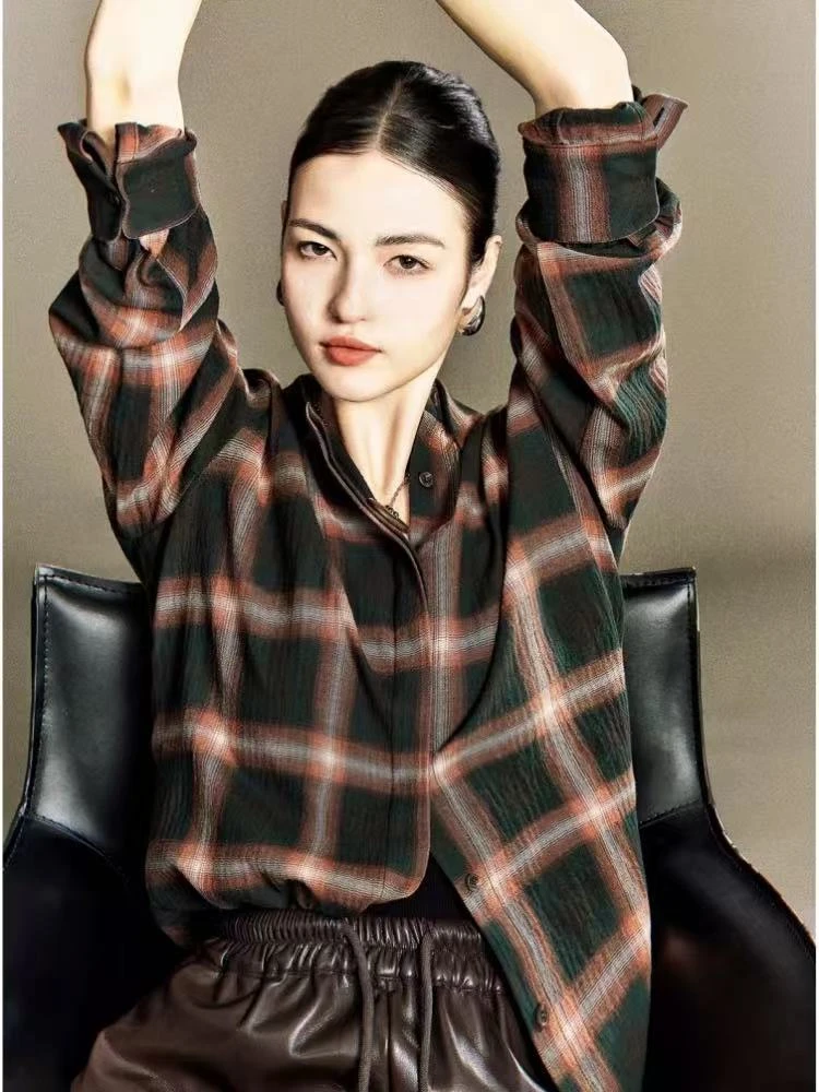 YK S胸98-124长72经典格纹长袖衬衫宽松复古风休闲显瘦上衣 8271