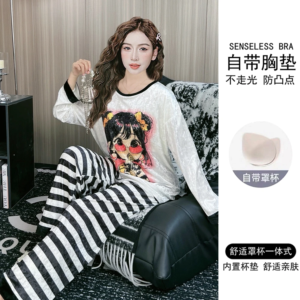 带胸垫2025年新款金丝绒睡衣女春秋季长袖可爱卡通秋冬家居服套装