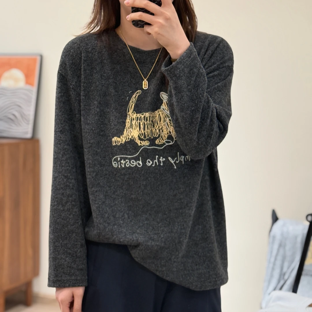 美亚恩NANA【潦草小狗】早春美式复古圆领长袖上衣宽松C0157