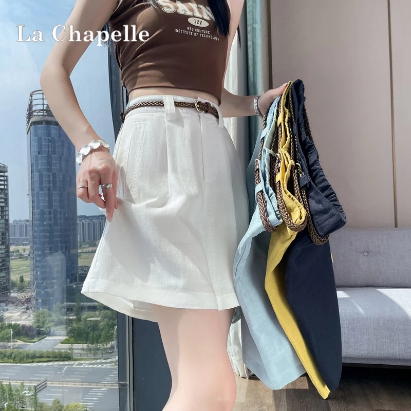 拉夏贝尔薄款亚麻五分短裤女夏季新款a字大码高腰小个子阔腿裤子