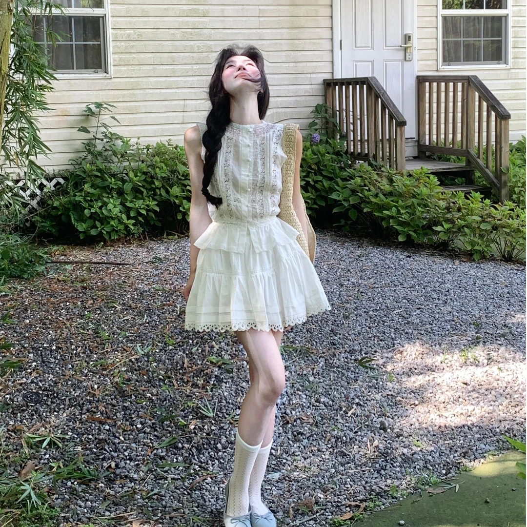 韩系夏天衣服气质显瘦无袖背心衬衫上衣甜美少女风蕾丝白色半身裙