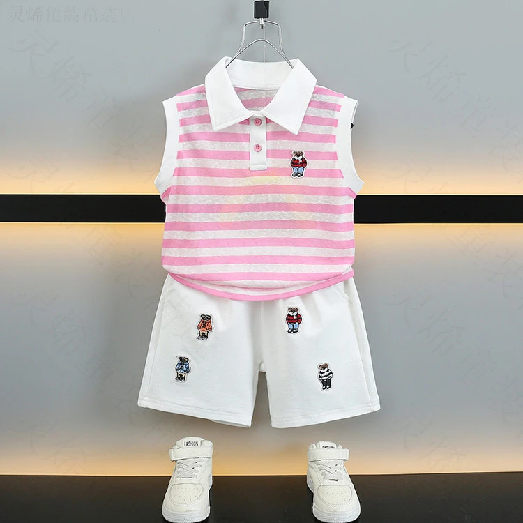 男童套装夏季儿童洋气无袖polo衫短袖短裤韩版休闲运动条纹薄款童