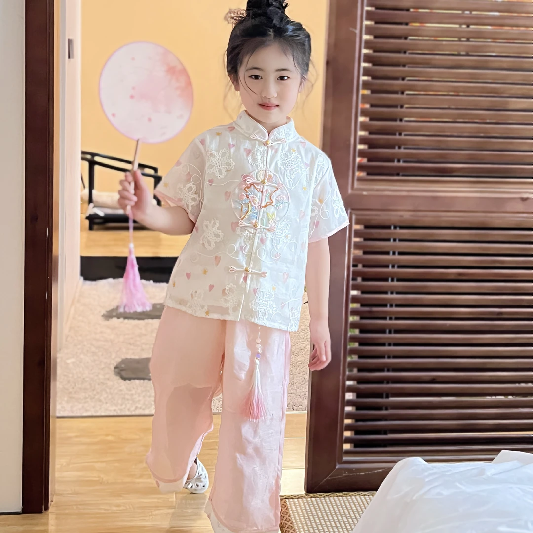 女童汉服套装夏款国风新中式唐装宽松薄款阔腿裤两件套宝宝复古装