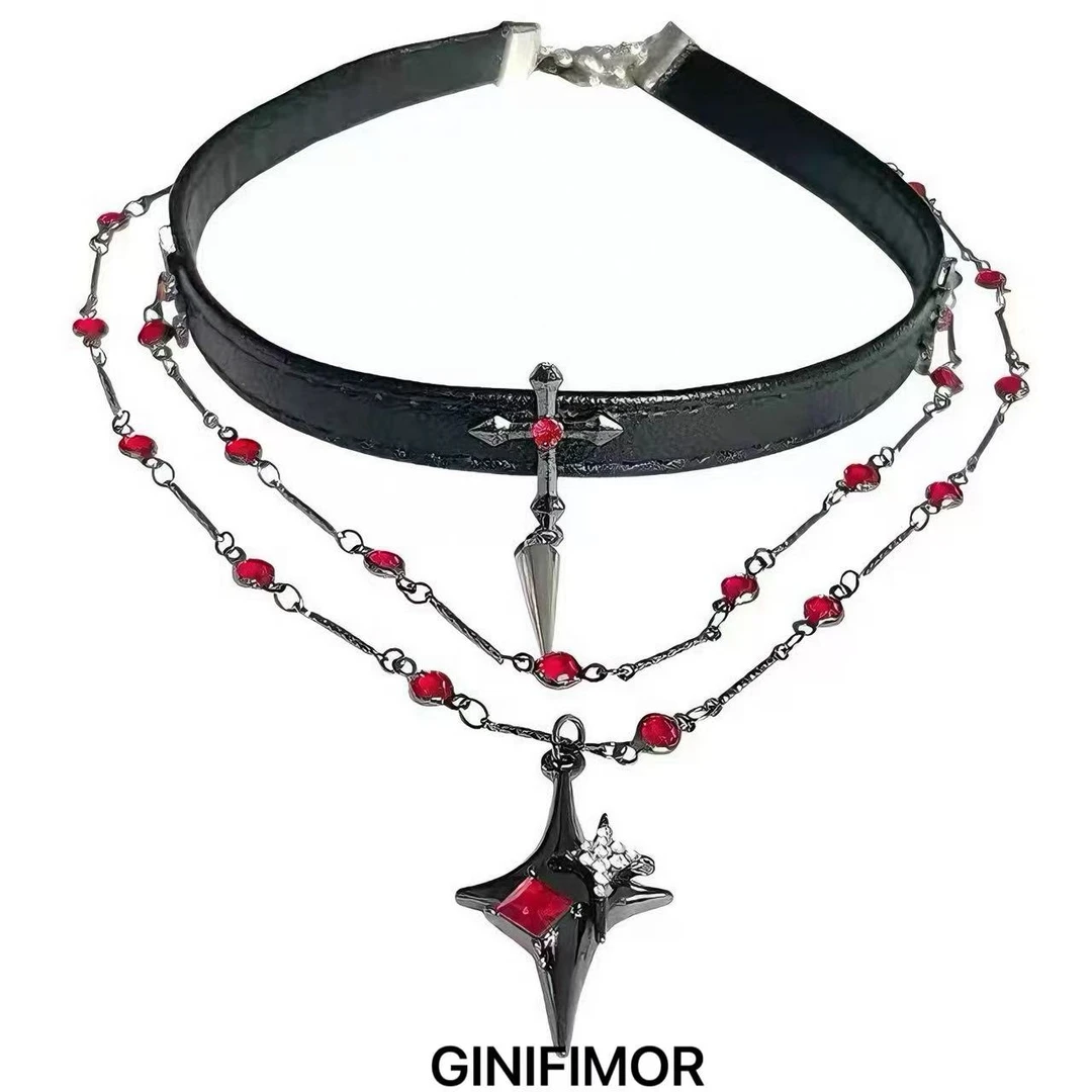 GINIFIMOR 钨合金皮质项链 a683 哥特星芒十字架项链嘻哈chocker