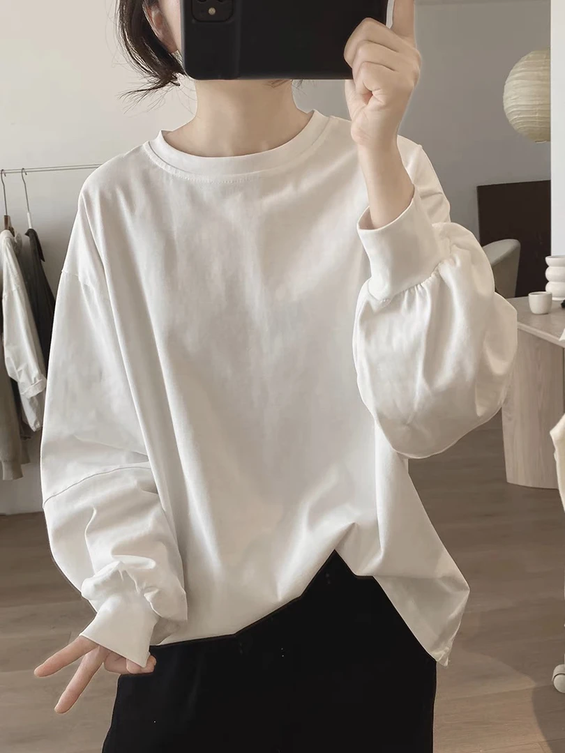 灯笼袖t恤女春秋季新款宽松大码显瘦韩版简约小众设计感棉质上衣
