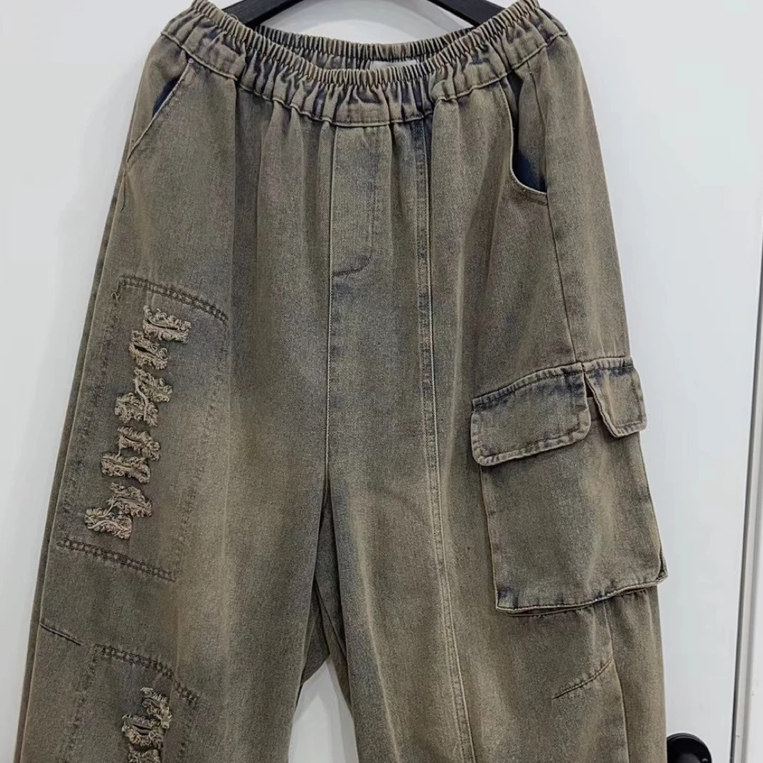 8826早秋潮牌重工镂空炒色系牛仔裤立体口袋