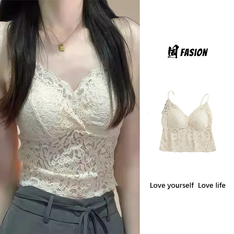 【周Fasion】蕾丝法式水晶丝绒美背内衣时尚无钢圈镂空女背心吊带