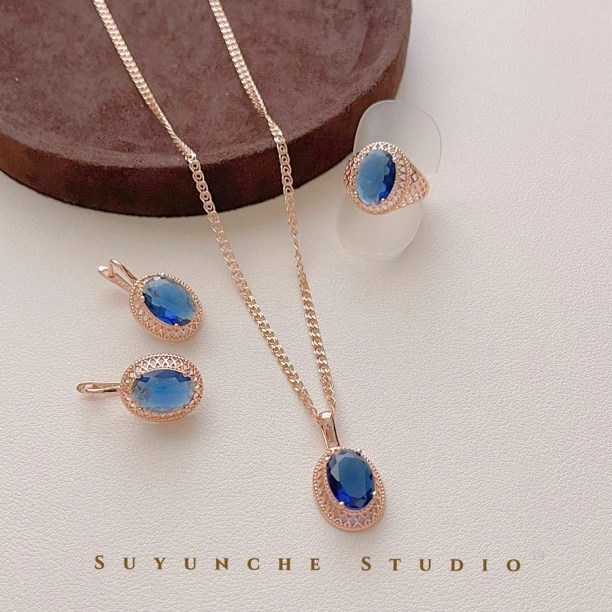 铜合金项链 Suyunche2500玫瑰金色新款轻奢宝蓝色精致三件套