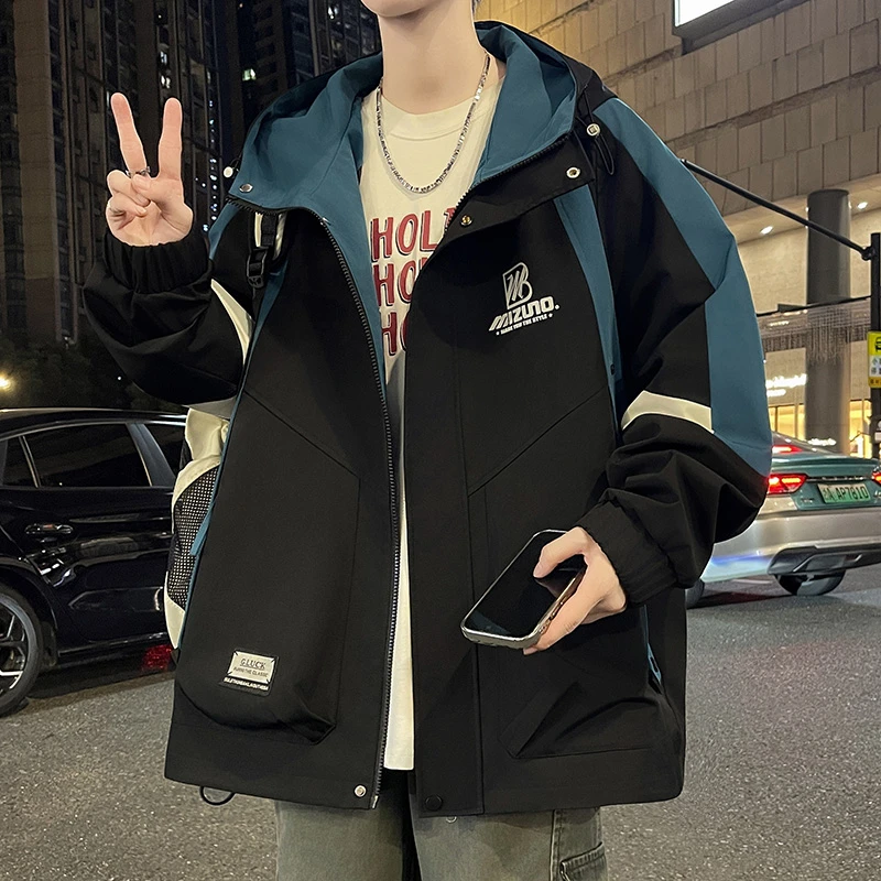 秋季学院风男士连帽夹克外套撞色拼接印花上衣潮流工装冲锋衣