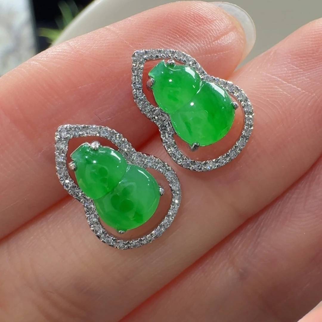 翡翠18K金镶嵌手链冰阳绿葫芦耳钉