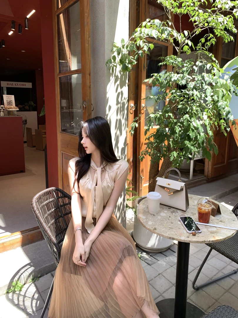 Fala现货 杏仁摩卡／香中古飘带衬衫blouse咖啡纱裙半身裙气质