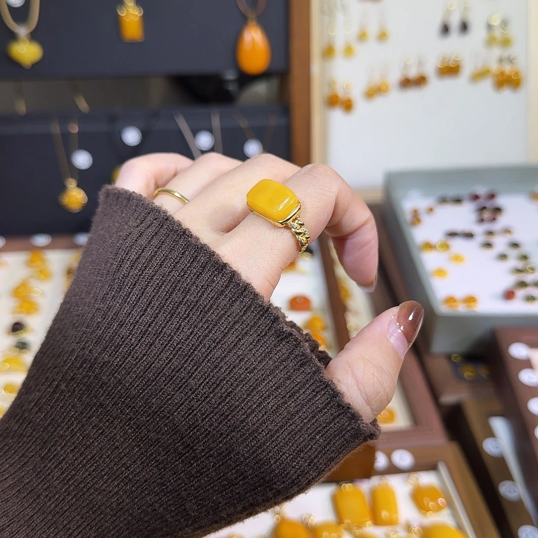 蜜蜡银S925镀金镶嵌戒指
