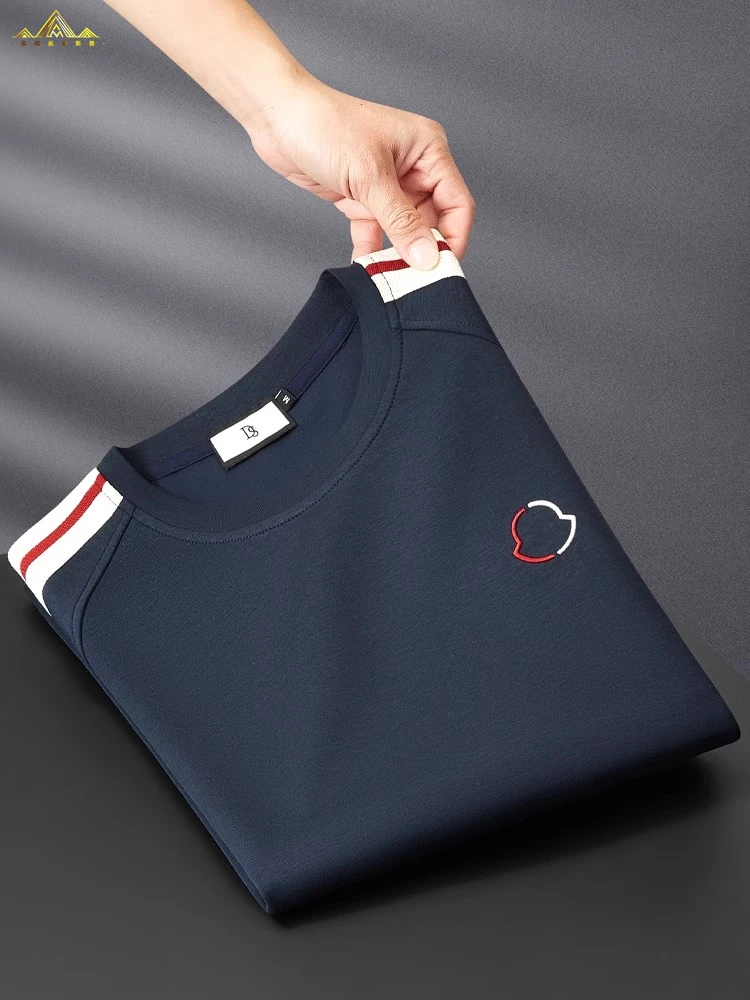 夏季薄款亲肤莫代尔刺绣潮短袖t恤男休闲织带拼接半袖男修身上衣