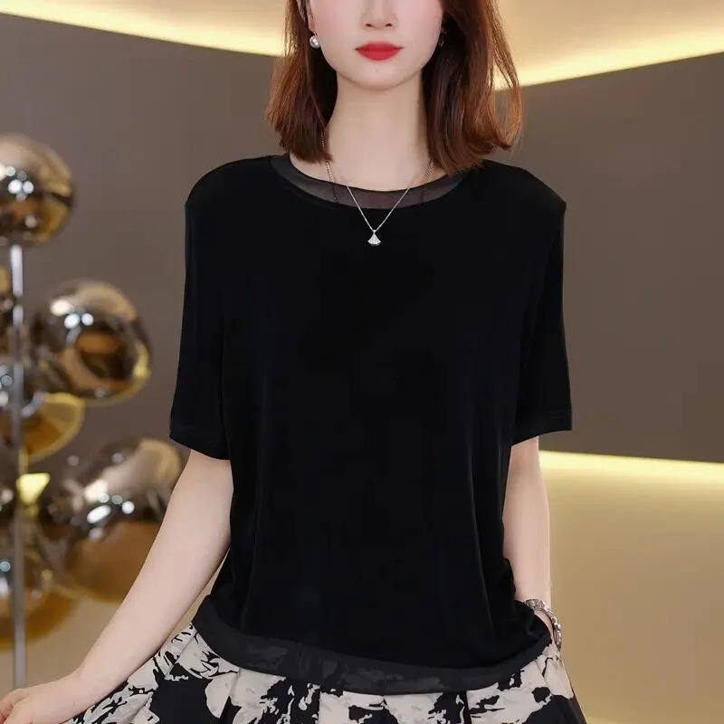 简约设计感轻纱拼接短袖T恤女2025夏季大码胖MM显瘦不规则上衣潮