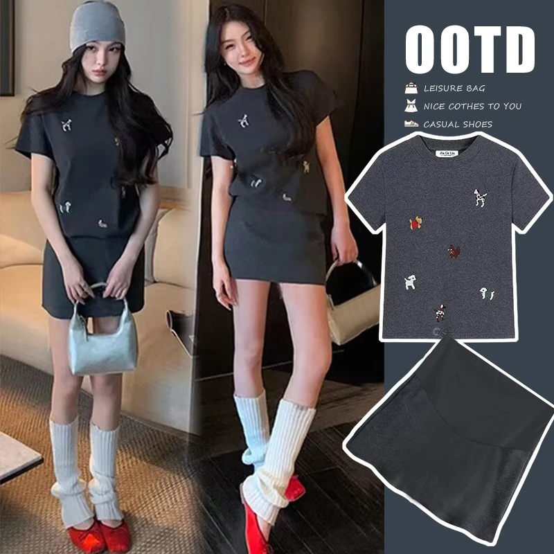 孕妇夏装短袖套装时尚洋气狗狗刺绣上衣孕期小个子半身裙裤两件套