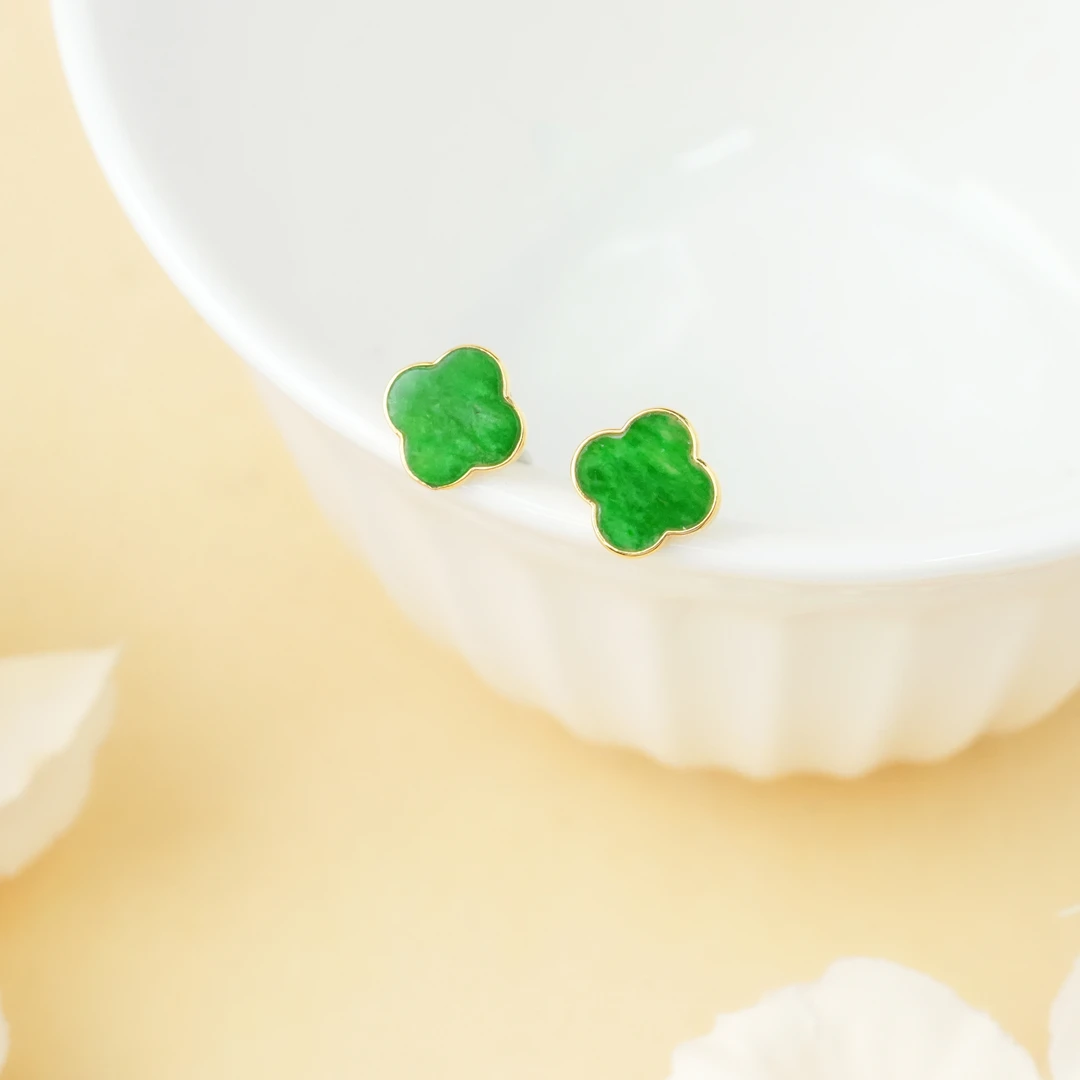 【云中意】18K金镶嵌四叶草翡翠耳钉-多样性发货-caf