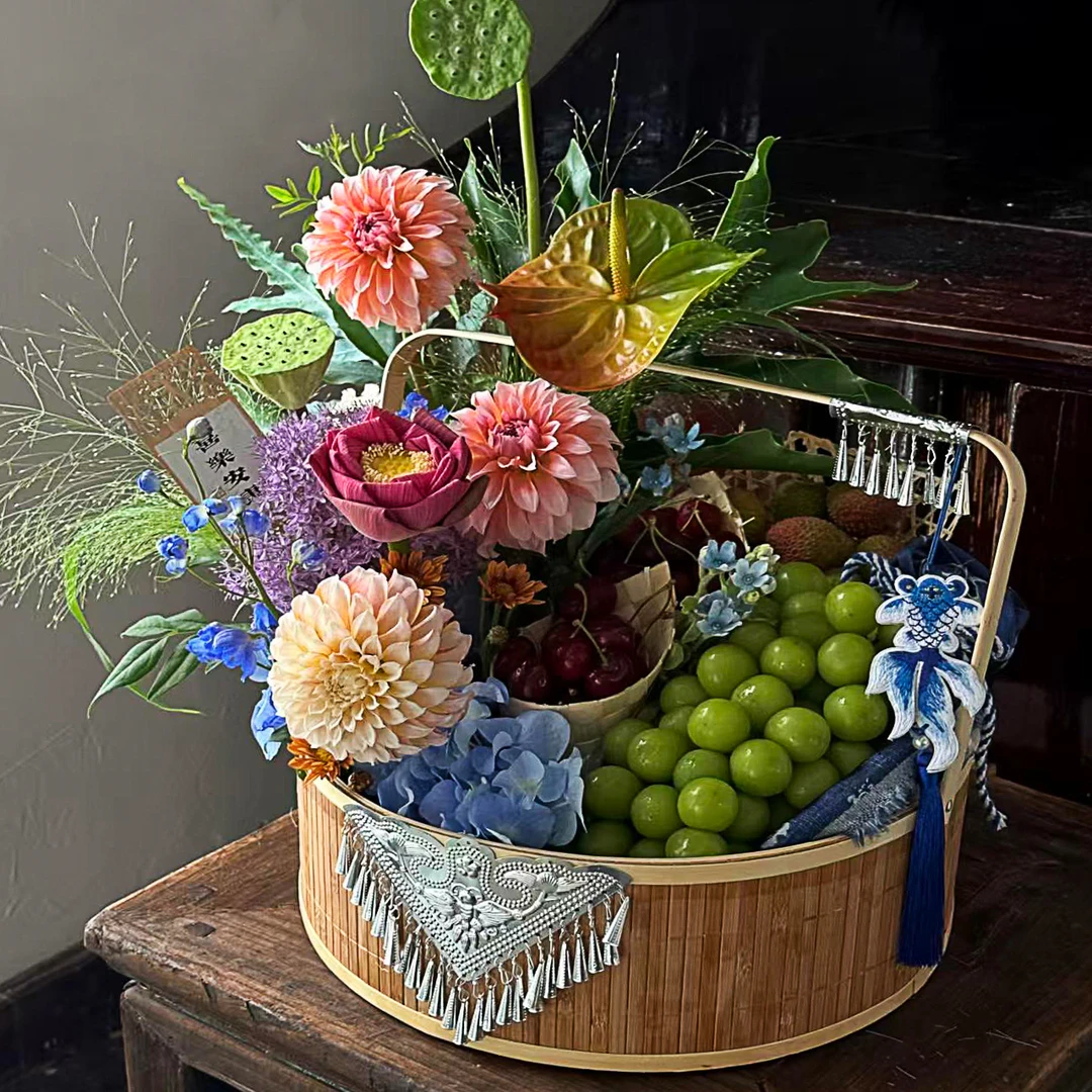 中秋节礼物新中式竹编双层手提花篮鲜花月饼水果花篮花艺插花篮子