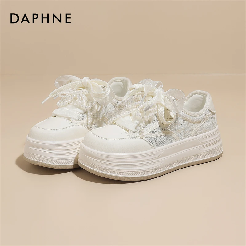达芙妮厚底小白鞋女款2025新款春夏网面透气板鞋小个子增高运动鞋