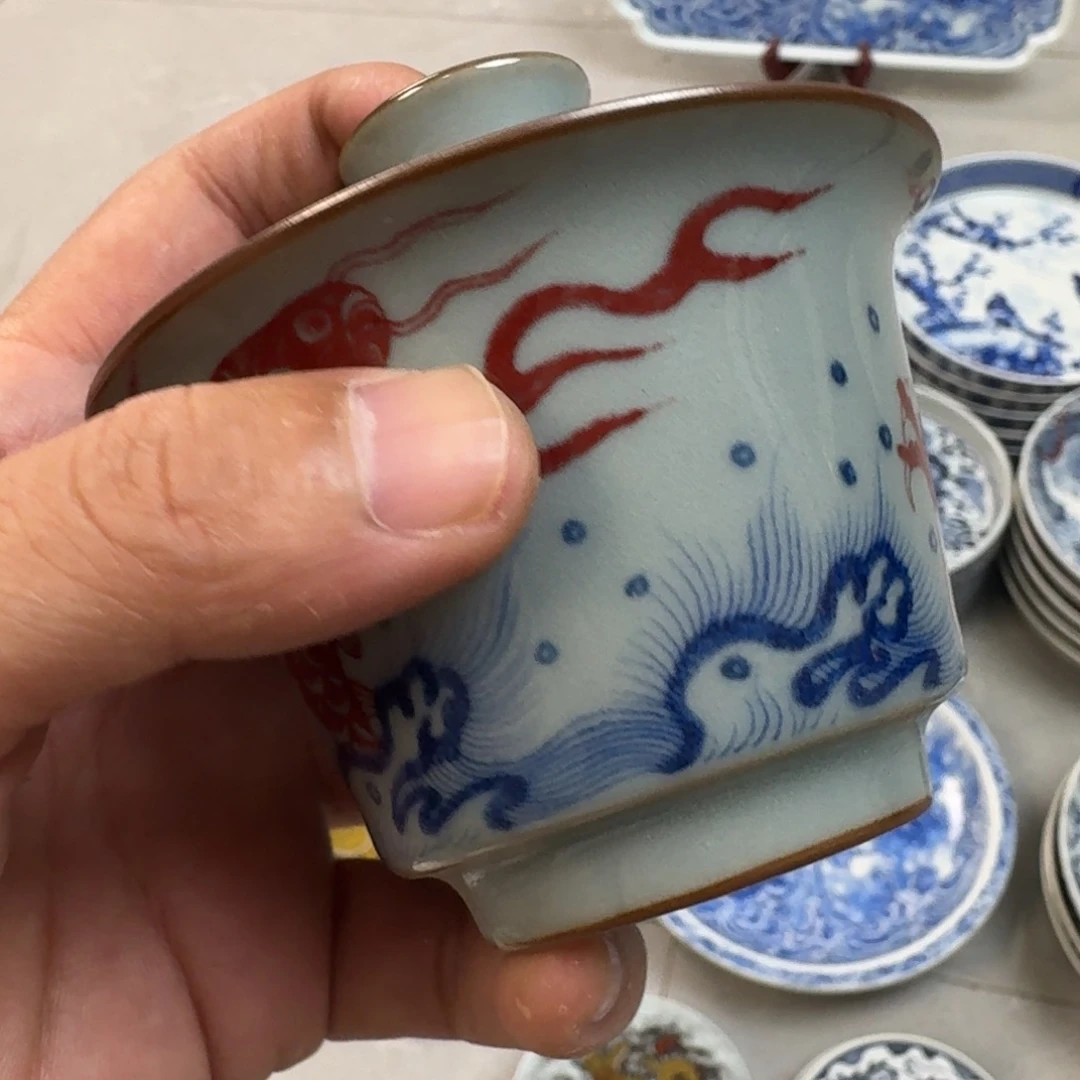 杯老陶泥釉里红鱼化龙两才盖碗