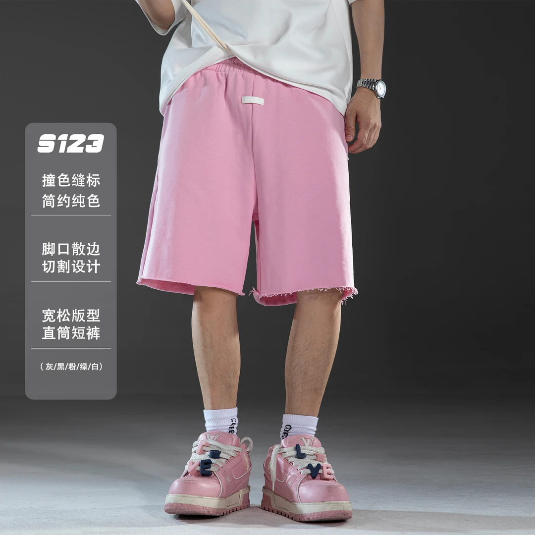 S123 【撞色缝标】夏季25SS新品 糖果色切割散边宽松直筒五分短裤男