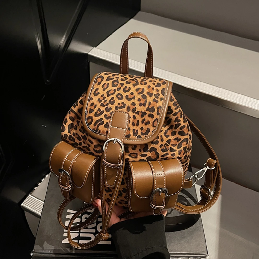 秋冬季复古小众豹纹女式双肩包2025新款通勤百搭后背包迷你小书包