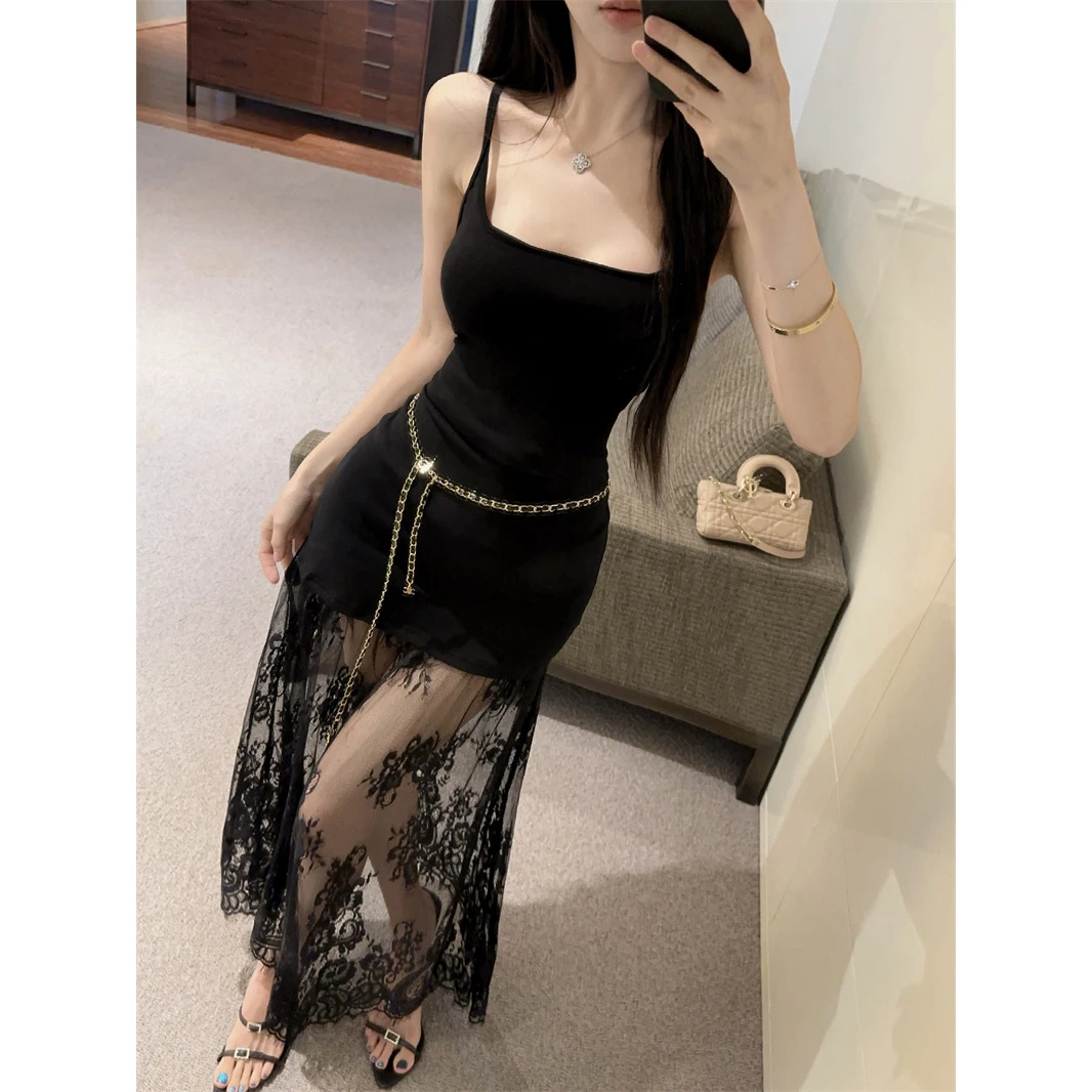 黑色拼接蕾丝修身包臀纯欲吊带连衣裙带腰带