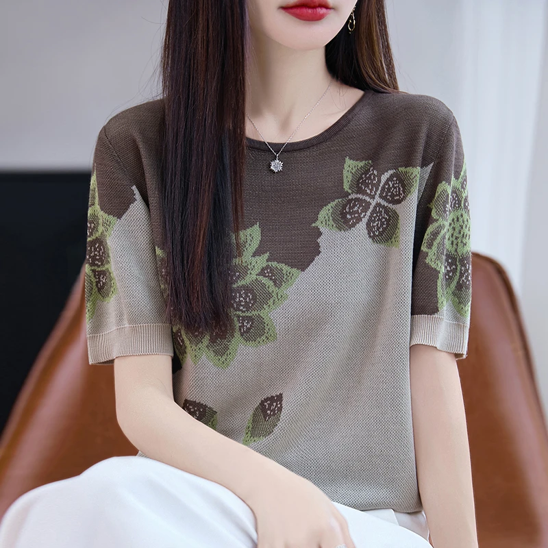夏装2025新款大码圆领冰丝针织上衣女宽松显瘦薄款印花短袖T恤